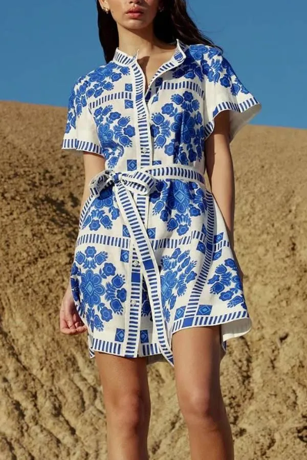 Casual women's fashion print tie dress
